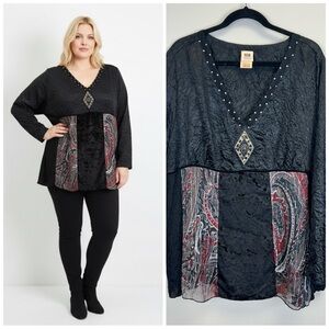 Goth Whimsigoth Dark Romantic Vneck Black Red Plus Size 3X Paisley Top Vampire